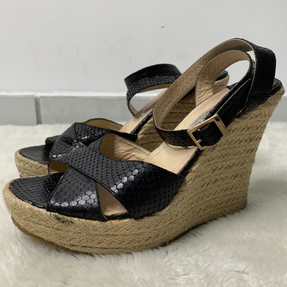 Jimmy Choo Women's Phoenix Black Embossed Straw Espadrille Wedges Size 42